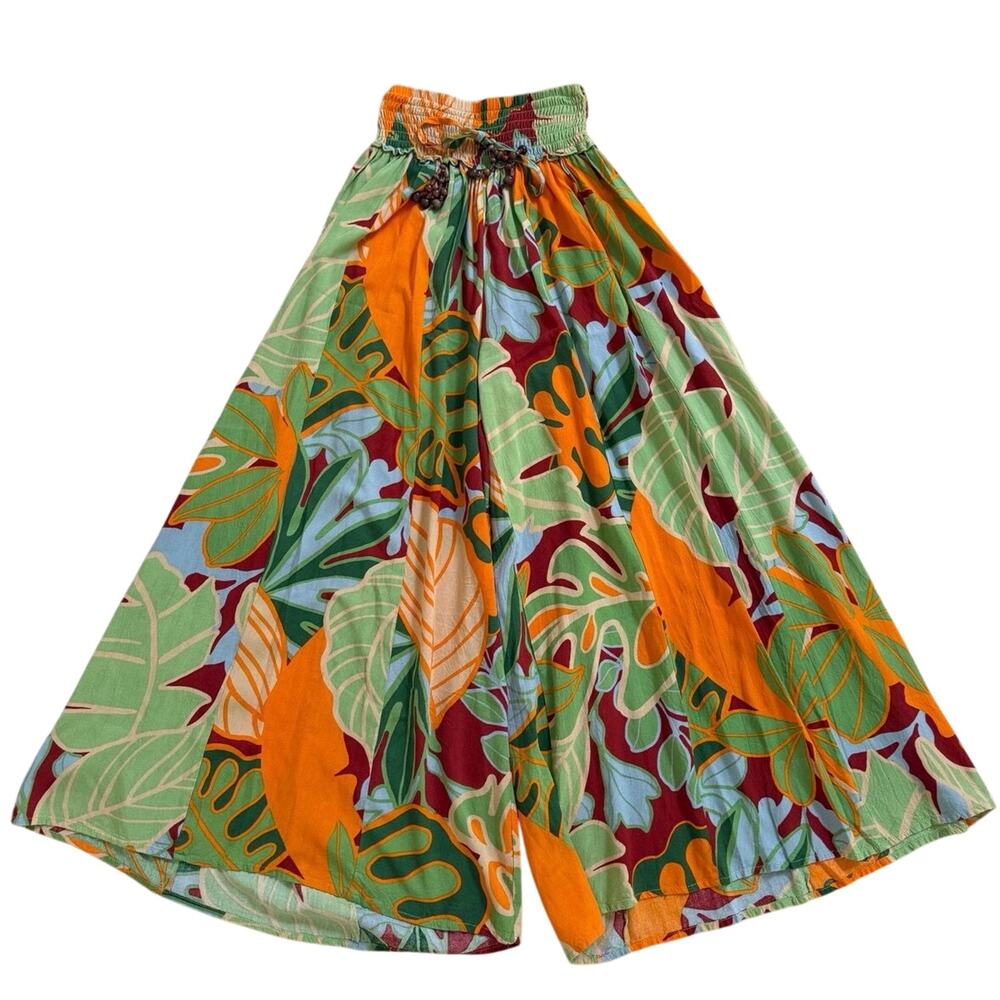 True Destinations Tropical Wide Leg Pants Womens XS Green Orange Smocked Flowy